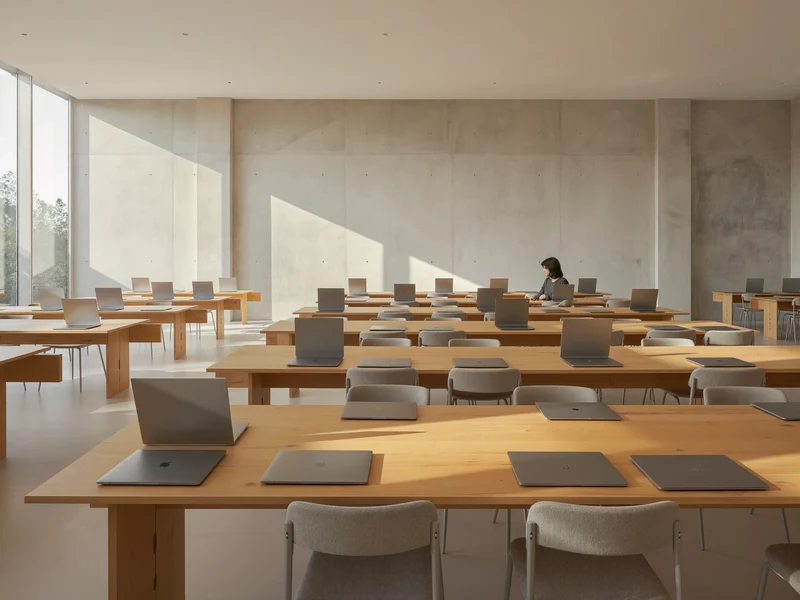 Aula di formazione luminosa e minimale con tavoli in legno chiaro e portatili in ordine