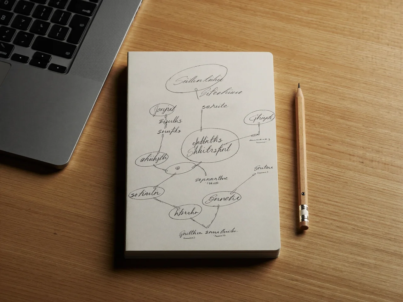 Quaderno con schemi a nodi disegnati a mano accanto a un portatile chiuso