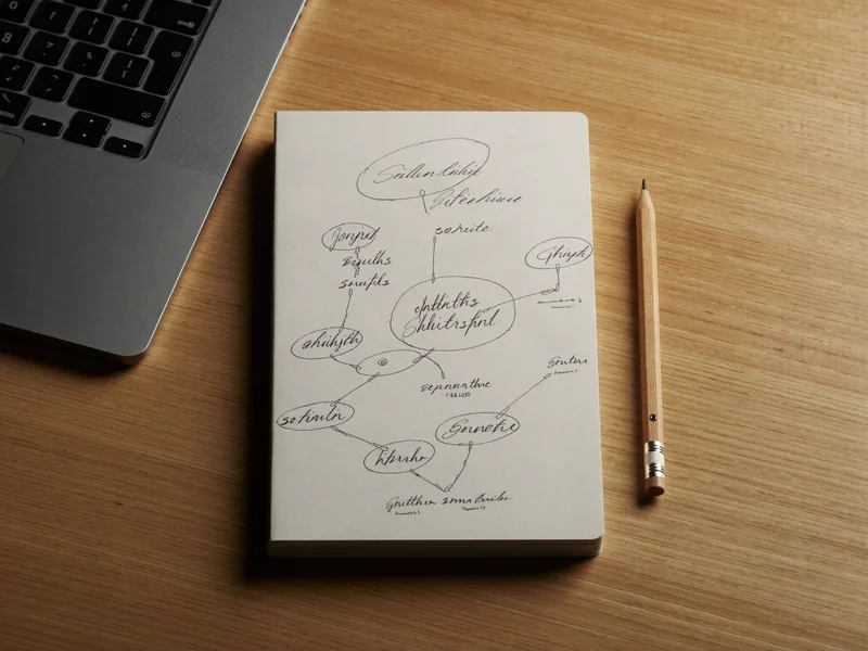 Quaderno con schemi a nodi disegnati a mano accanto a un portatile chiuso